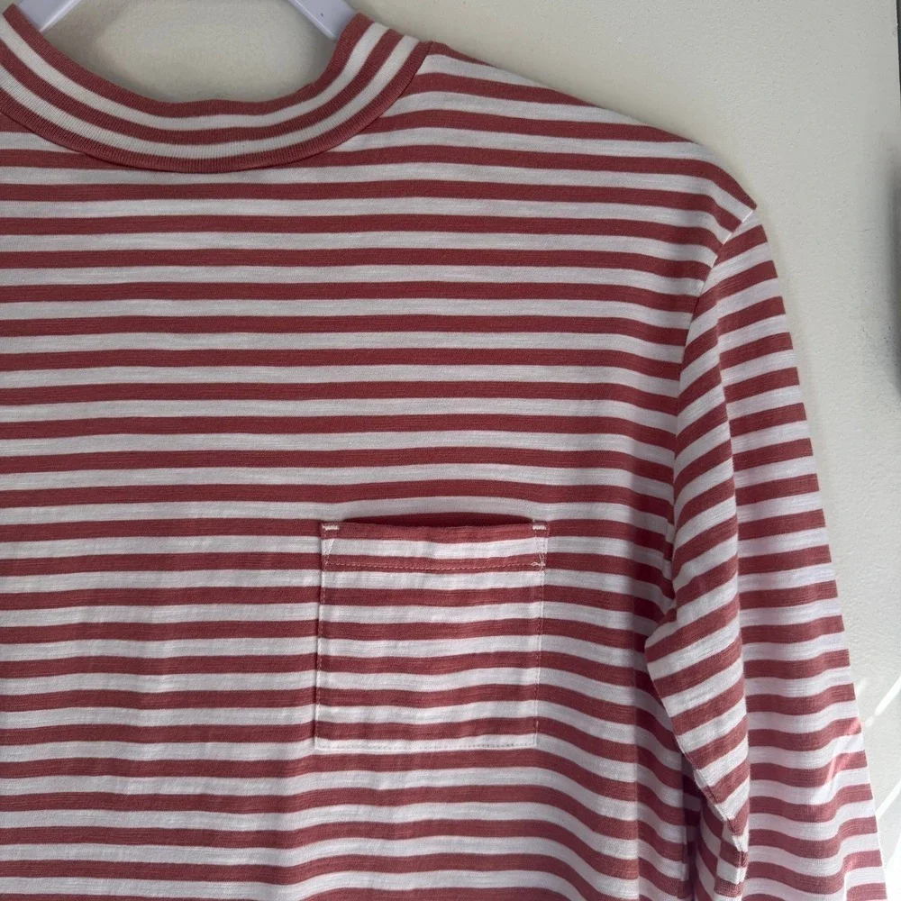 Garnet Hill Organic Pima Cotton Striped Mock Neck Pocket Tee Rust White XS
